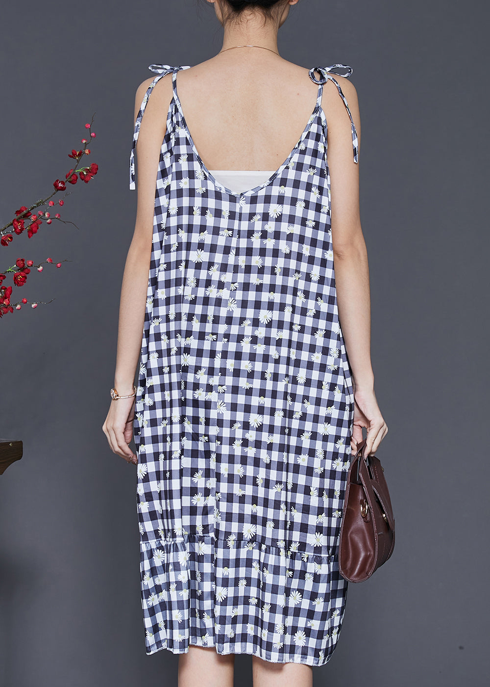 Boutique Grey Plaid Cotton Spaghetti Strap Dress Summer SD1004