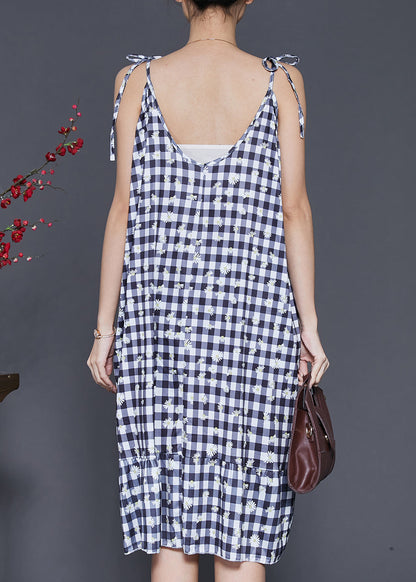 Boutique Grey Plaid Cotton Spaghetti Strap Dress Summer SD1004