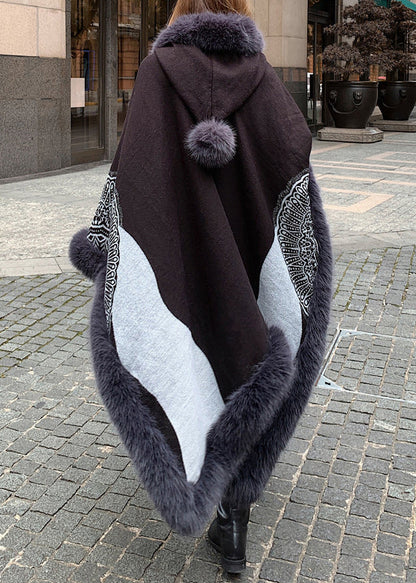 Boutique Handmade Black Hooded Patchwork Faux Fur Shawl WN007