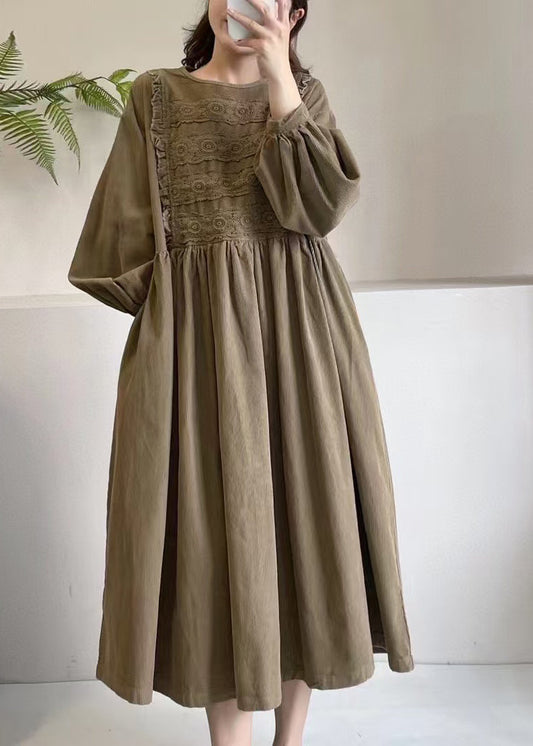 Khaki Corduroy Boutique Dress Maxi Spring Embroidered