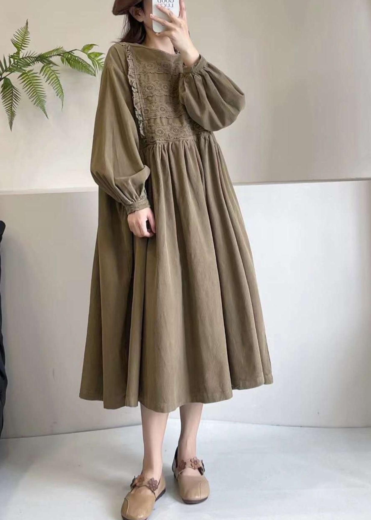 Khaki Corduroy Boutique Dress Maxi Spring Embroidered