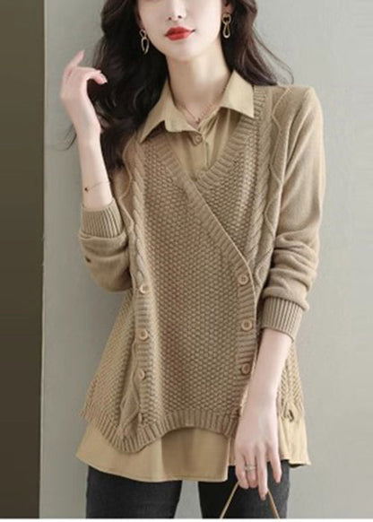 Boutique Khaki Oversized Patchwork Knit Fake Two Piece Tops Fall OO015