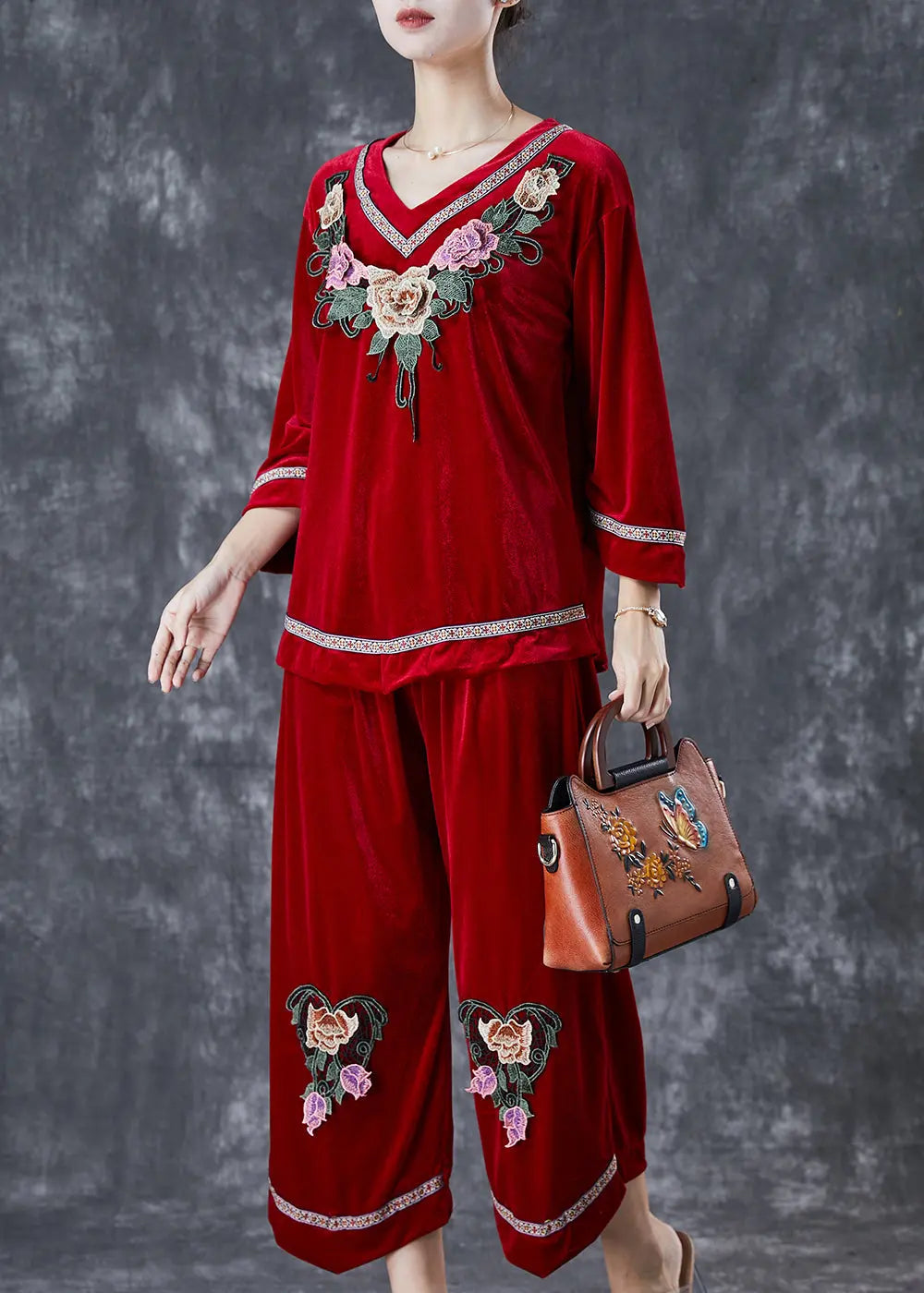 Boutique Mulberry Embroidered Floral Silk Velour Two Piece Set Women Clothing Fall Ada Fashion