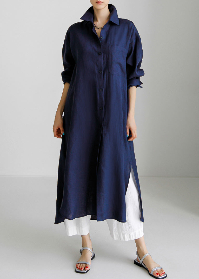 Chemises et robes en coton bleu marine à col Peter Pan, collection printemps TH032