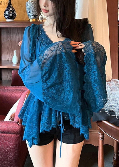 Boutique Peacock Blue V Neck Patchwork Lace Top Flare Sleeve YY003