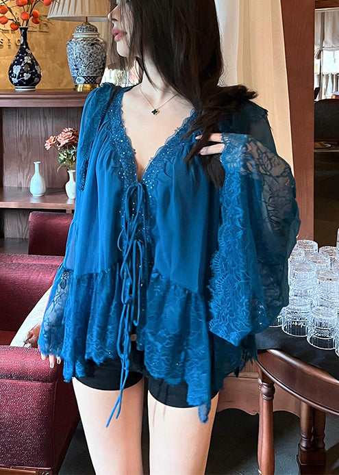 Boutique Pfauenblaues Patchwork-Spitzentop mit V-Ausschnitt und ausgestellten Ärmeln YY003