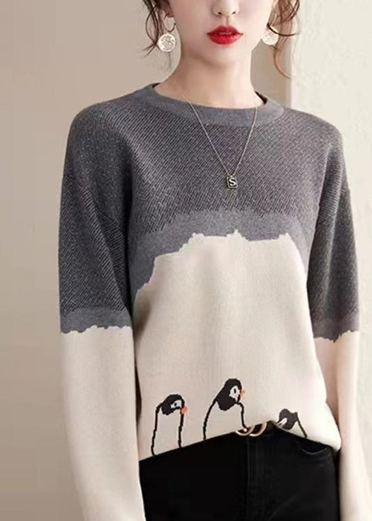 Boutique Foto Farbe O-Ausschnitt Print Baumwolle Strickpullover Herbst QT046