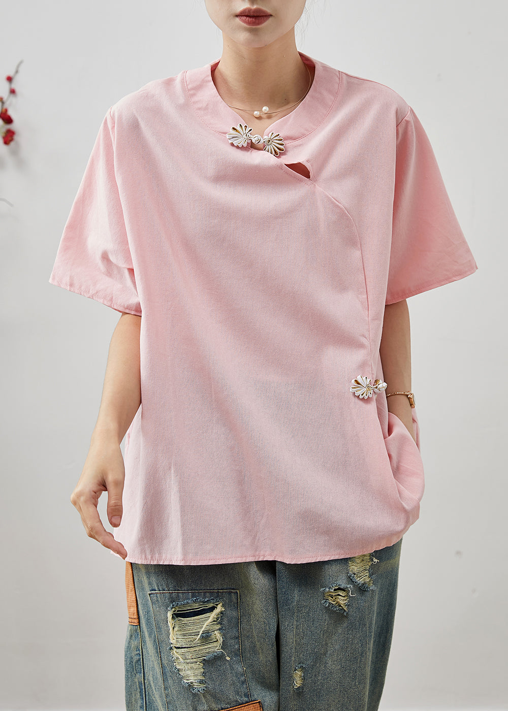 Boutique Pink Chinese Button Cotton Shirt Tops Summer AP1075