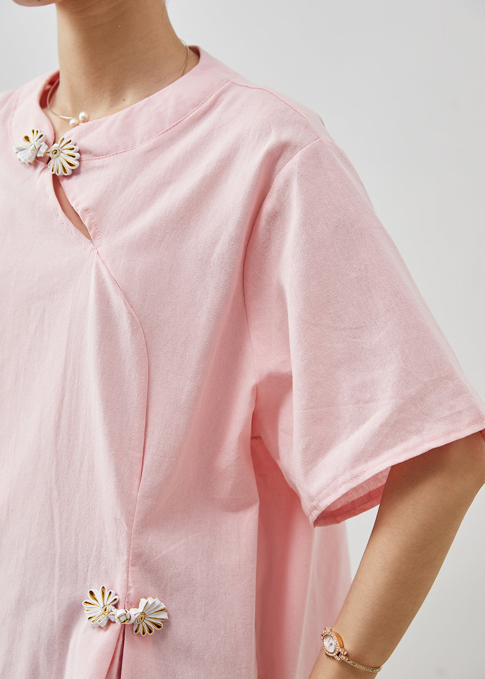 Boutique Pink Chinese Button Cotton Shirt Tops Summer AP1075