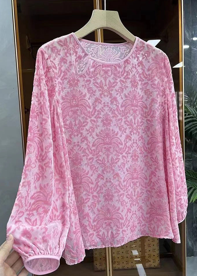 Boutique Pink O Neck Jacquard Silk Velour Blouse Top Spring WW1013