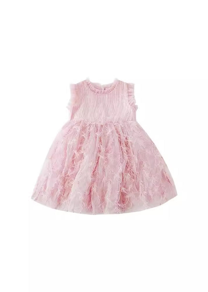 Boutique Robe mi-longue en tulle à volants rose pour enfants, patchwork, plumes, vacances, sans manches, XZ046