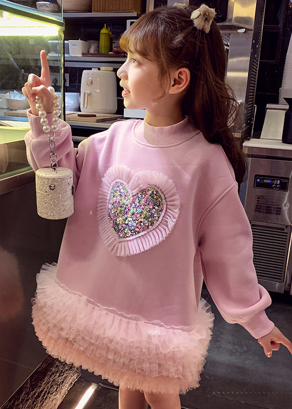 Robe sweat-shirt mi-longue en polaire chaude à paillettes roses pour enfants, collection printemps YE026