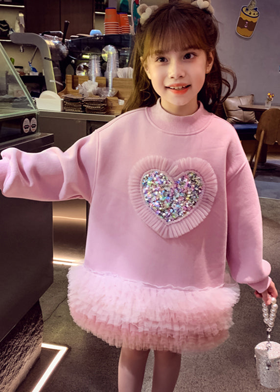 Robe sweat-shirt mi-longue en polaire chaude à paillettes roses pour enfants, collection printemps YE026