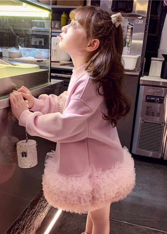 Robe sweat-shirt mi-longue en polaire chaude à paillettes roses pour enfants, collection printemps YE026