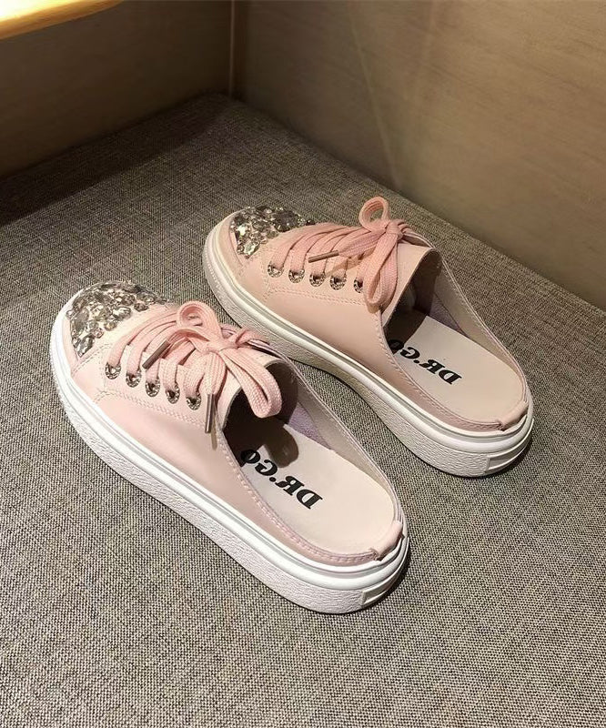 Boutique Slide Up Pink Sandals Splicing Platform Lace Zircon