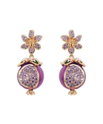 Boutique Purple Copper Zircon Drip Glaze Pomegranate Flower Drop Earrings WP015