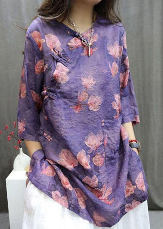 Chemise en lin à boutons chinois à imprimé violet Boutique Été AP085