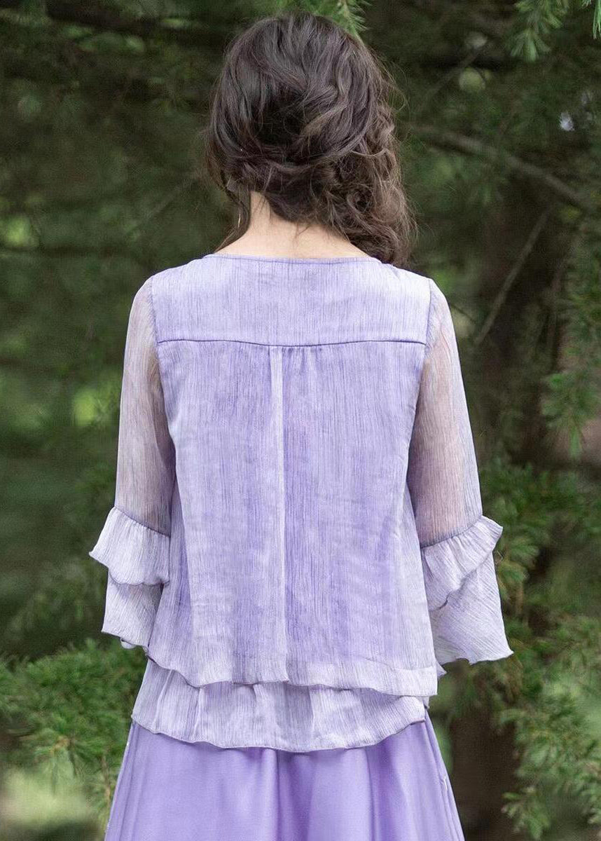 Chemisier en mousseline de soie brodé à volants violet Boutique Tops été BV056