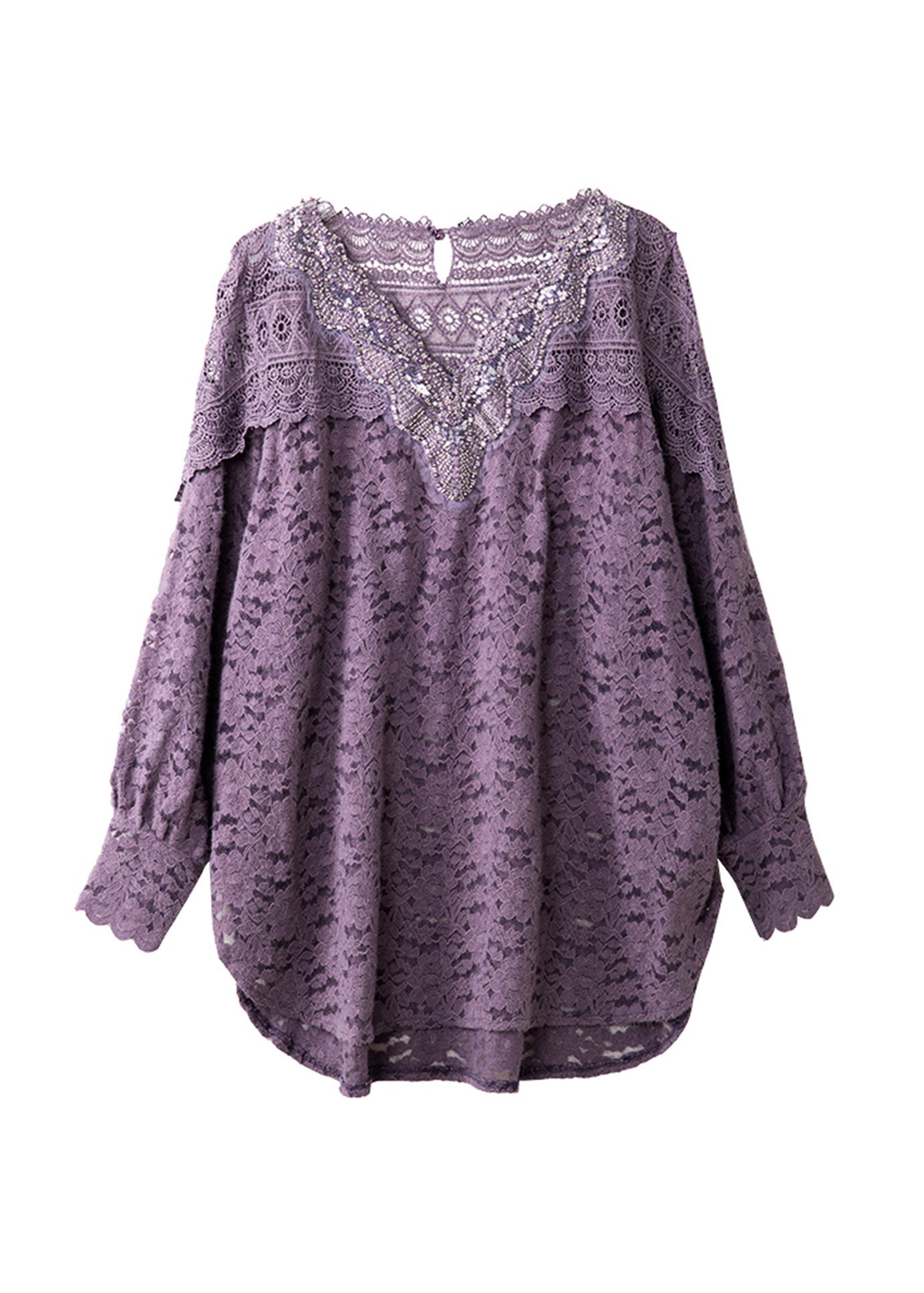 Boutique Purple V Neck Nail Bead Hollow Out Lace Top Spring RL018