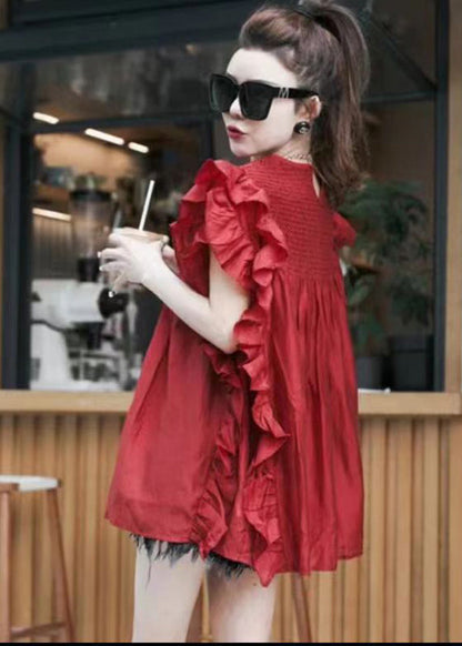 Boutique Red Ruffled Patchwork Chiffon Shirt Summer UU1013