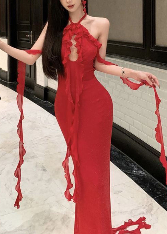 Robe Sexy Rouge Boutique Longue Été Dos Nu Licou Volants
