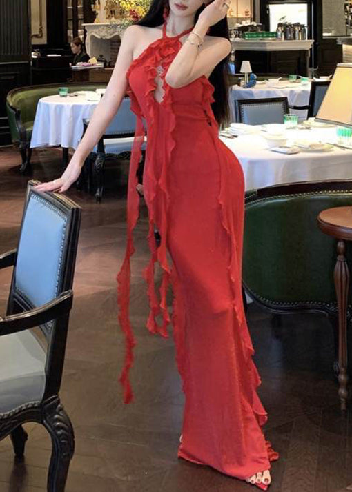 Robe Sexy Rouge Boutique Longue Été Dos Nu Licou Volants