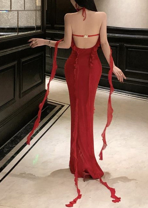 Robe Sexy Rouge Boutique Longue Été Dos Nu Licou Volants