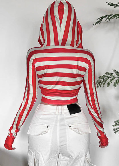 Boutique Red Striped V Neck Hooded Cotton T Shirt Tops Fall AL1076