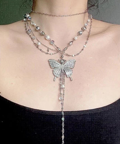 Boutique Silk Metal Butterfly Pearl Multilayer Tassel Lariat Necklace ZZ066