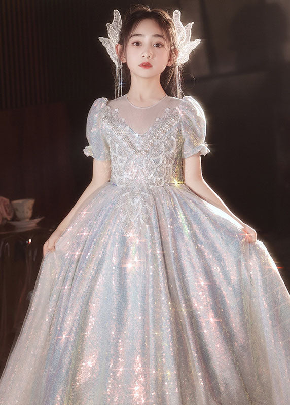 Boutique Silver Nail Bead Tulle Patchwork Girls Vacation Long Dresses Summer QV024