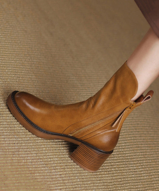 Boots Splicing Chunky Cowhide Brown Leather Boutique