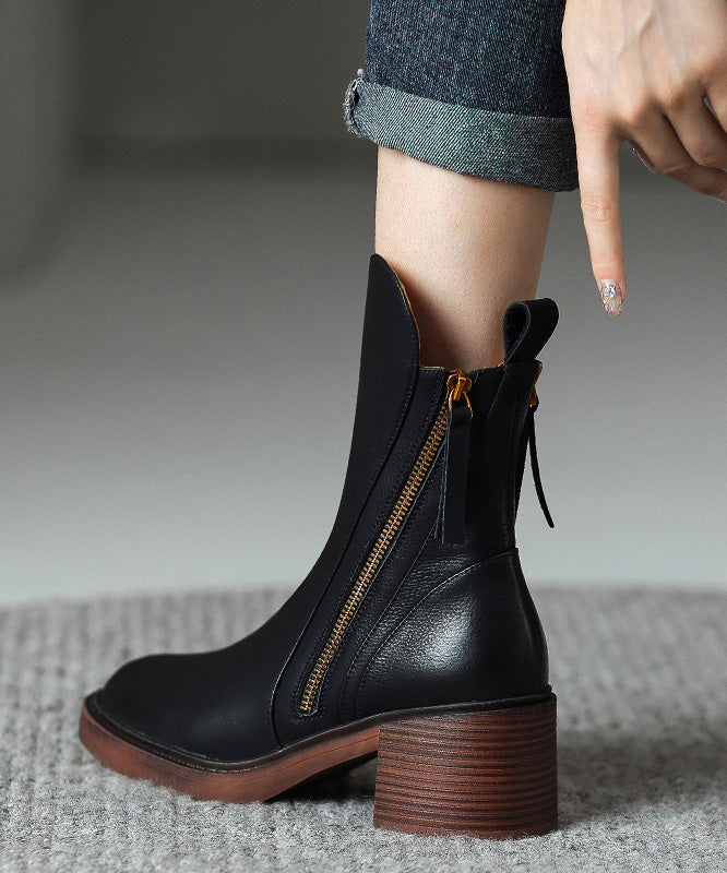 Boots Splicing Chunky Cowhide Brown Leather Boutique