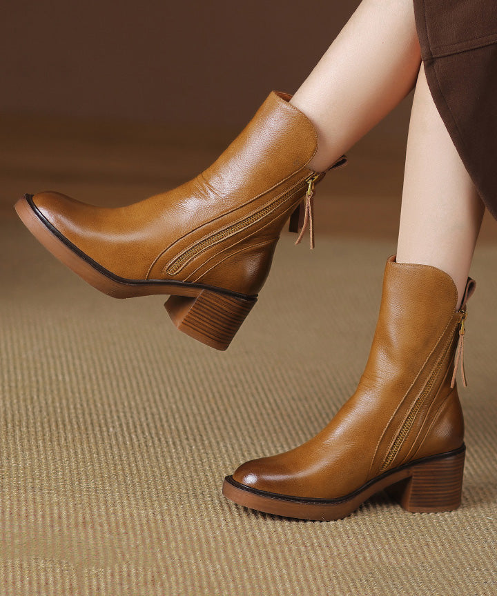 Boots Splicing Chunky Cowhide Brown Leather Boutique