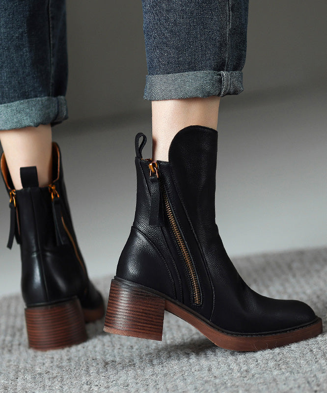 Boots Splicing Chunky Cowhide Brown Leather Boutique