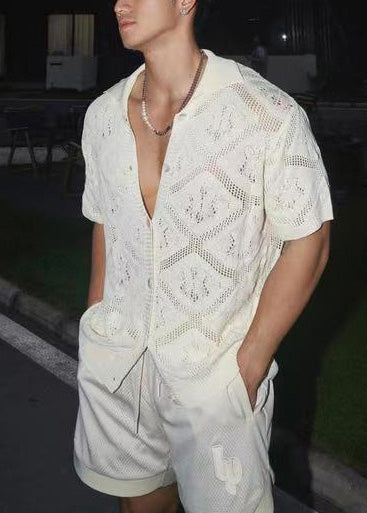 Boutique Shirt Casual Knit Polo Neck V Out Men Hollow White