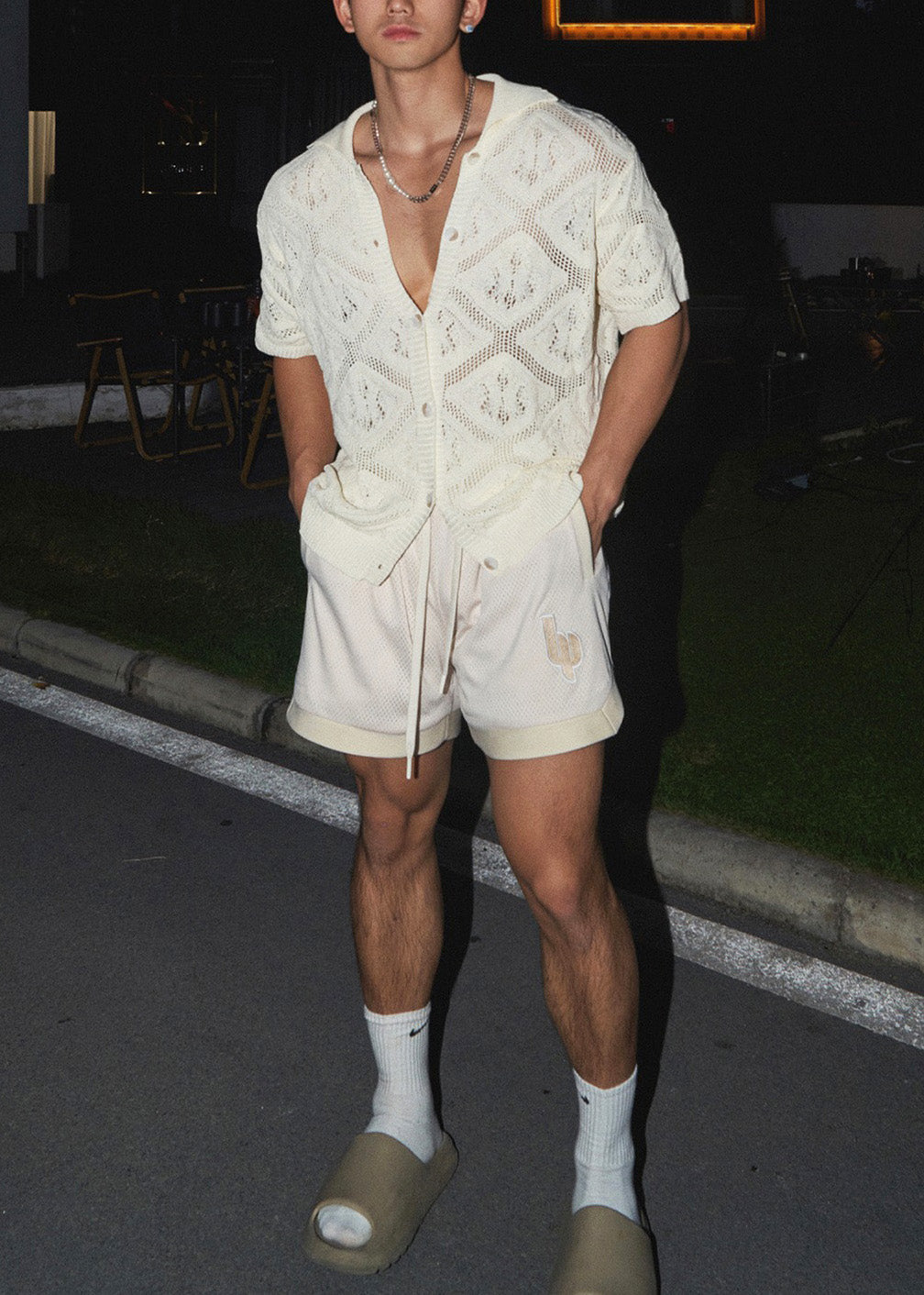 Boutique Shirt Casual Knit Polo Neck V Out Men Hollow White