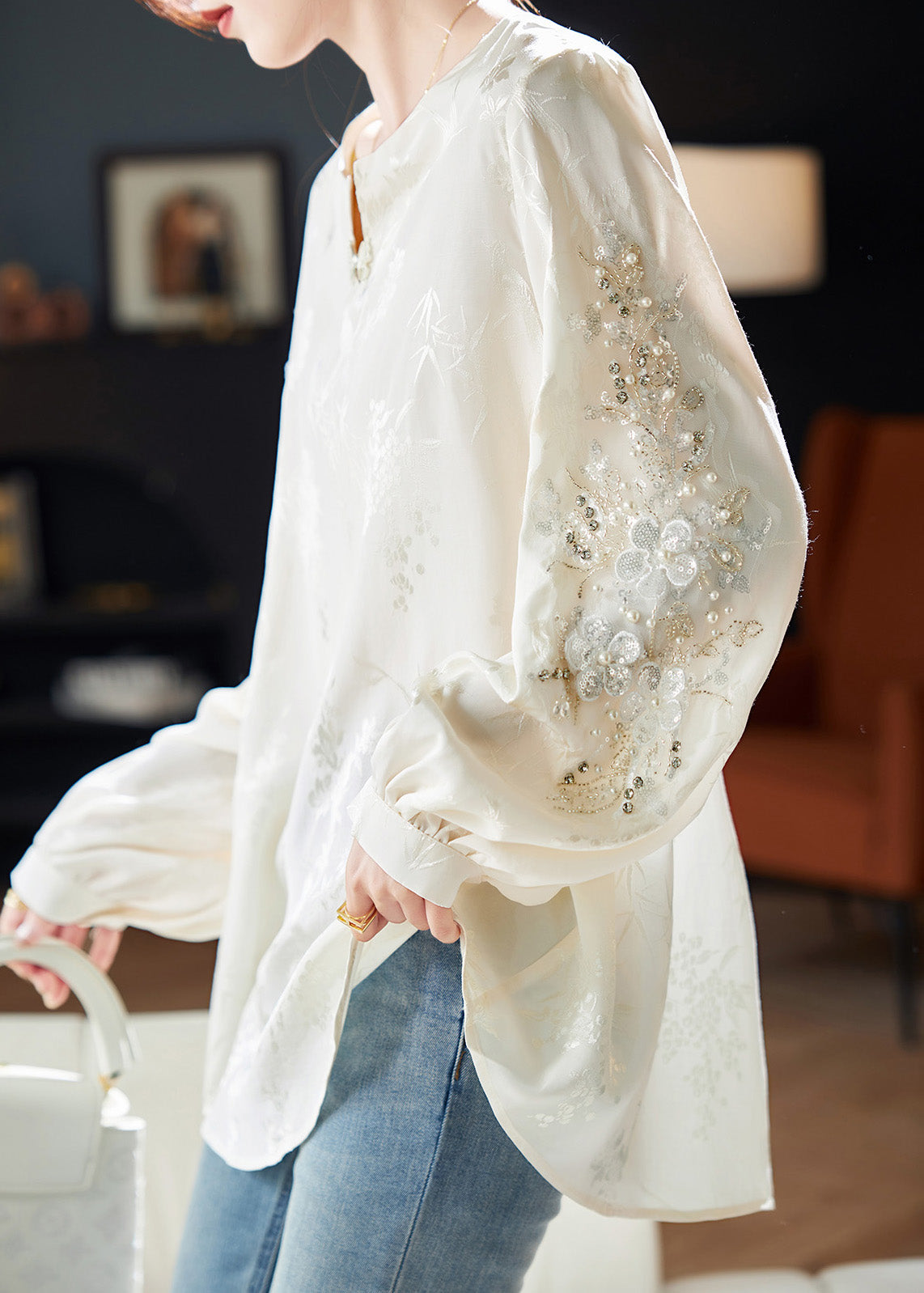 Chiffon Sequins White Neck Boutique Nail V Bead Shirt Spring