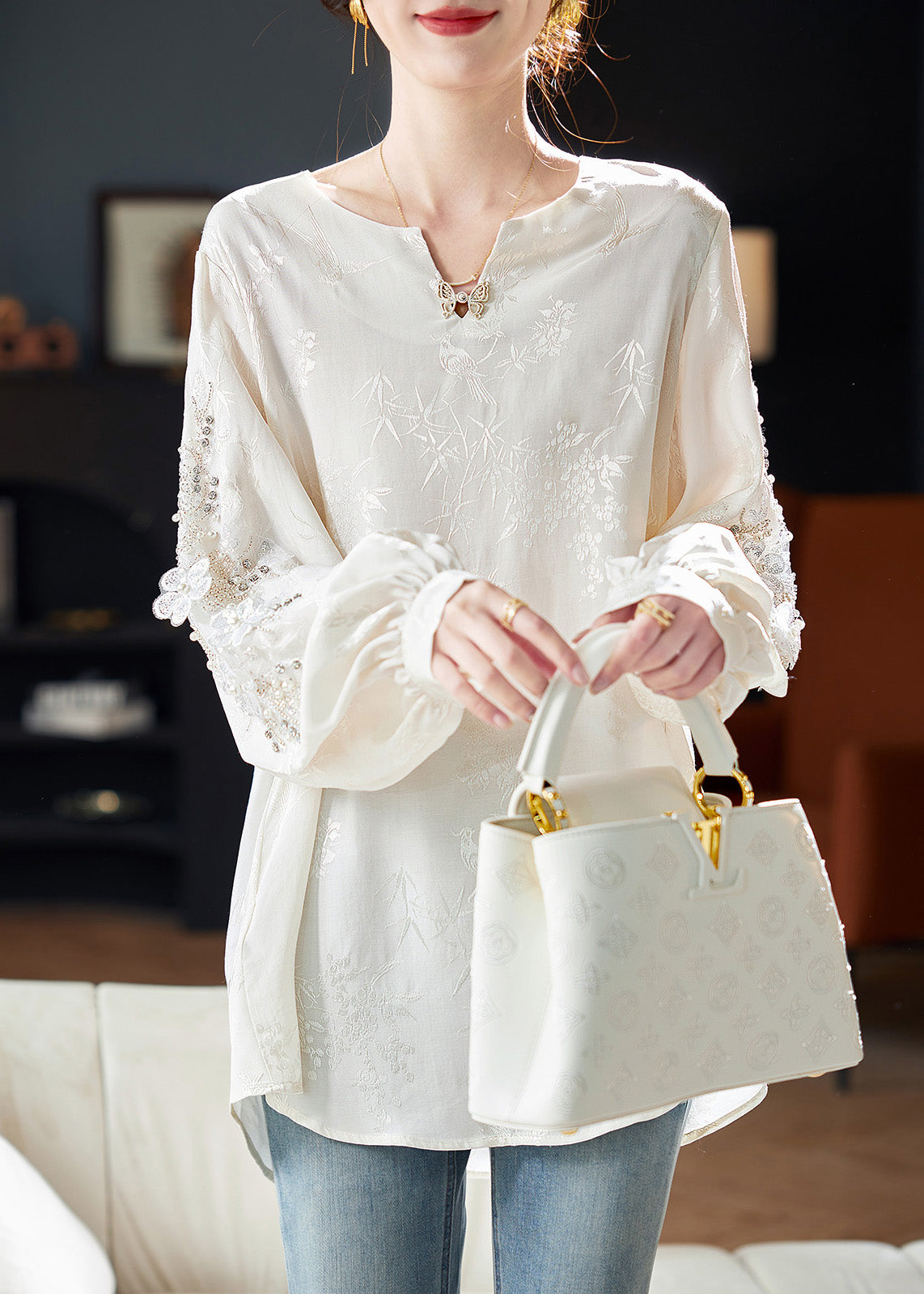 Chiffon Sequins White Neck Boutique Nail V Bead Shirt Spring