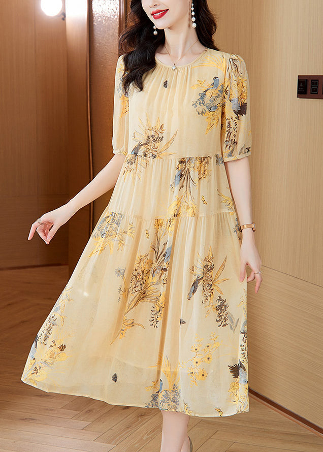 Wrinkled Summer Dress Yellow Up Silk O Neck Print Lace Boutique