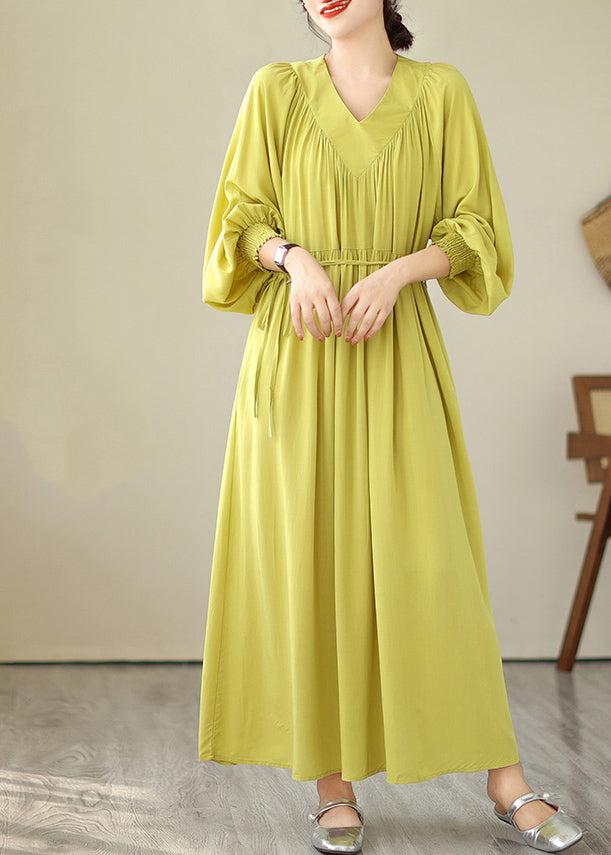 Robe longue jaune à col en V et manches bouffantes Boutique VB1009