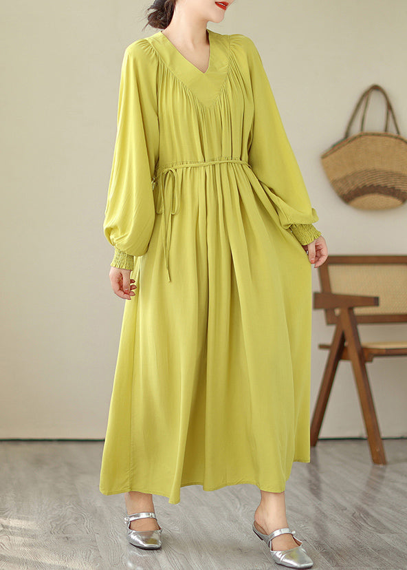 Robe longue jaune à col en V et manches bouffantes Boutique VB1009