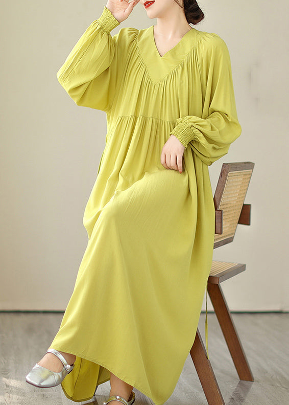 Robe longue jaune à col en V et manches bouffantes Boutique VB1009