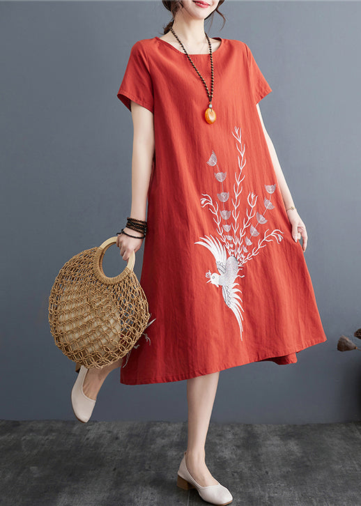 Embroidered Dress Summer Brick Linen Red Day