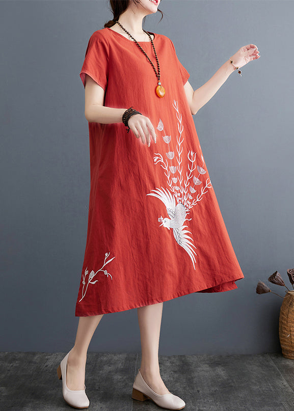 Embroidered Dress Summer Brick Linen Red Day