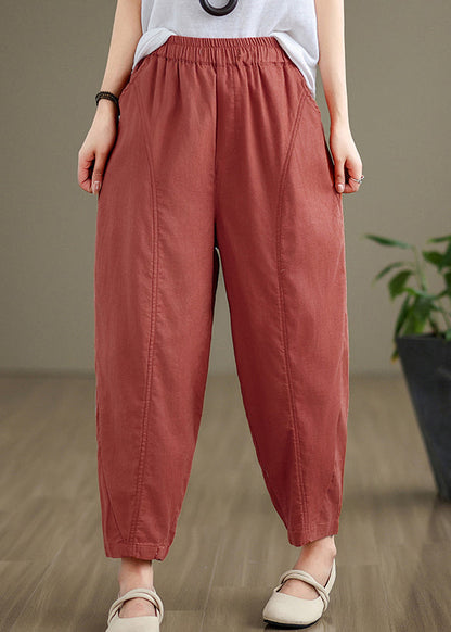 Brick Red Pockets Cotton Pants Elastic Waist Fall  QO052