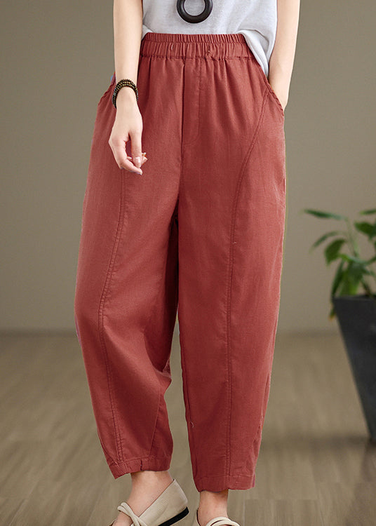 Pantalon en coton à poches rouge brique taille élastique automne QO052