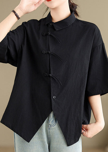 Brief Black Peter Pan Collar Button Shirts Summer UU029