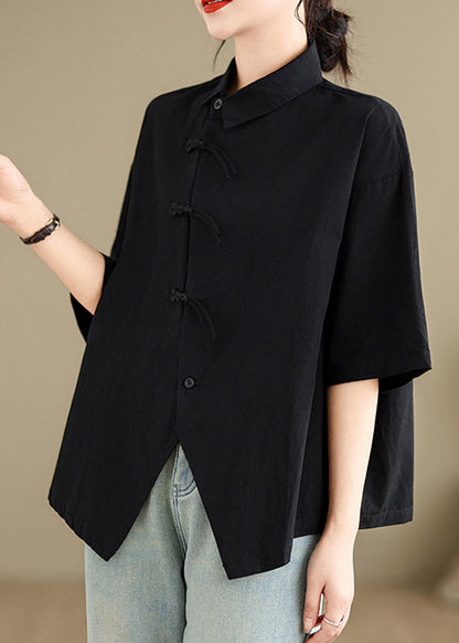 Brief Black Peter Pan Collar Button Shirts Summer UU029