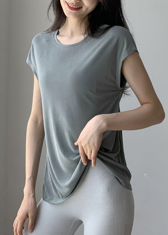 Blackish Solid Brief Wrinkled Sleeve O-Neck Short Green Top Yoga