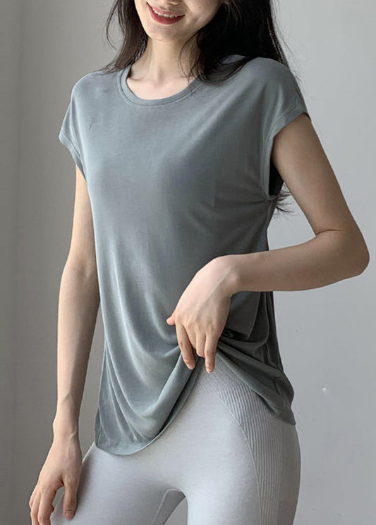 Blackish Solid Brief Wrinkled Sleeve O-Neck Short Green Top Yoga